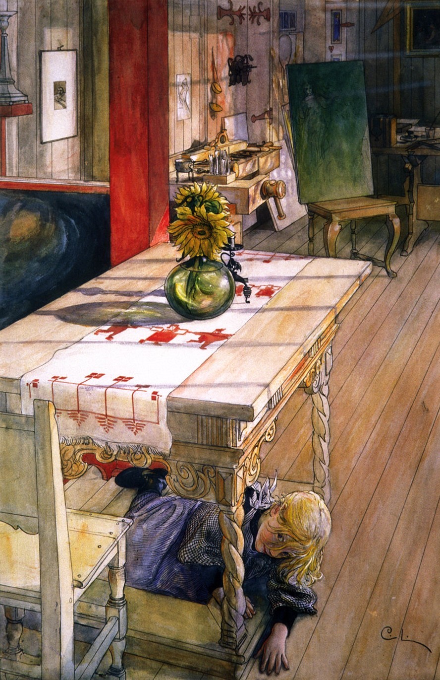 painting: little girl hiding under a table